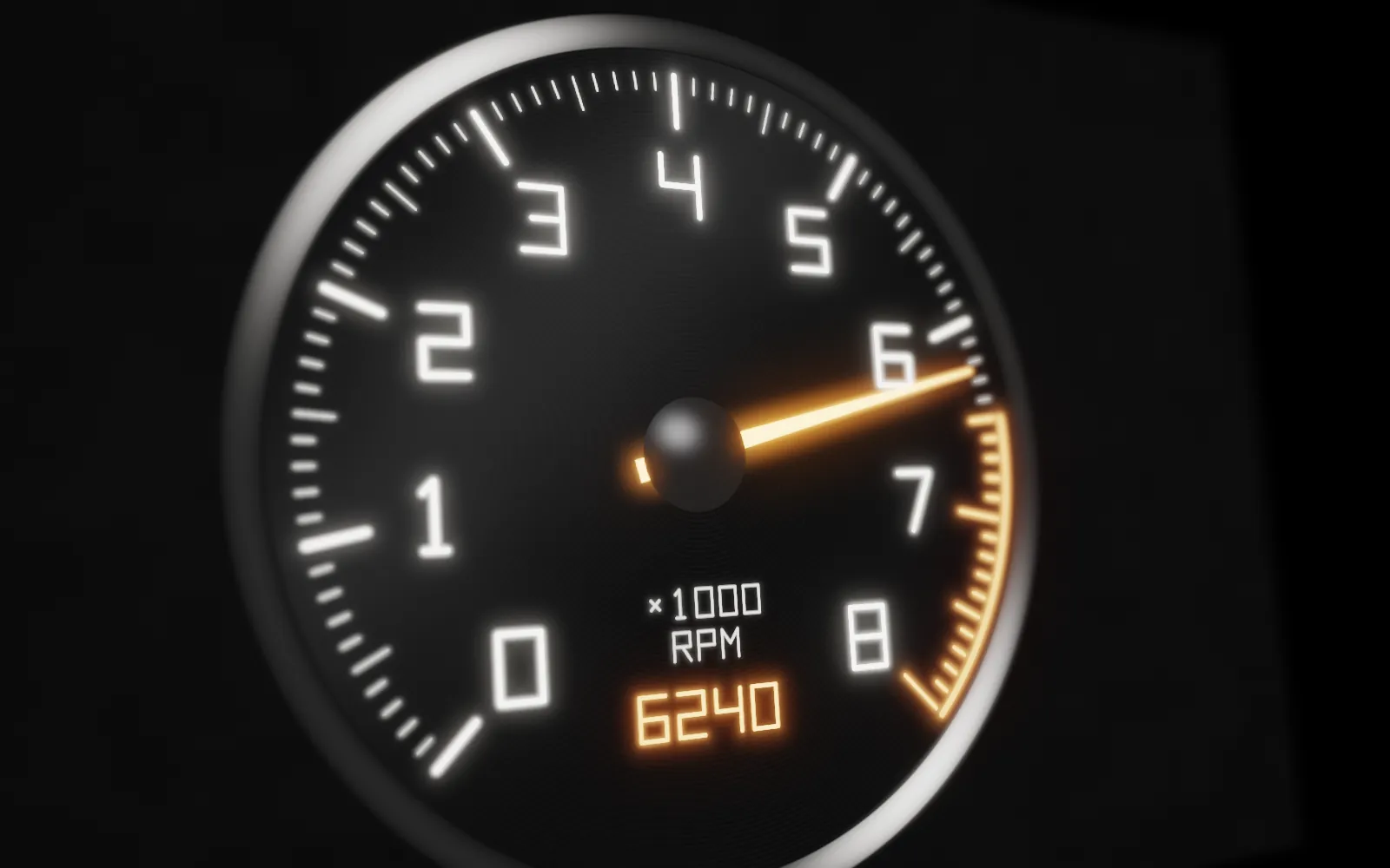 Backlit tachometer with an amber needle near the redline