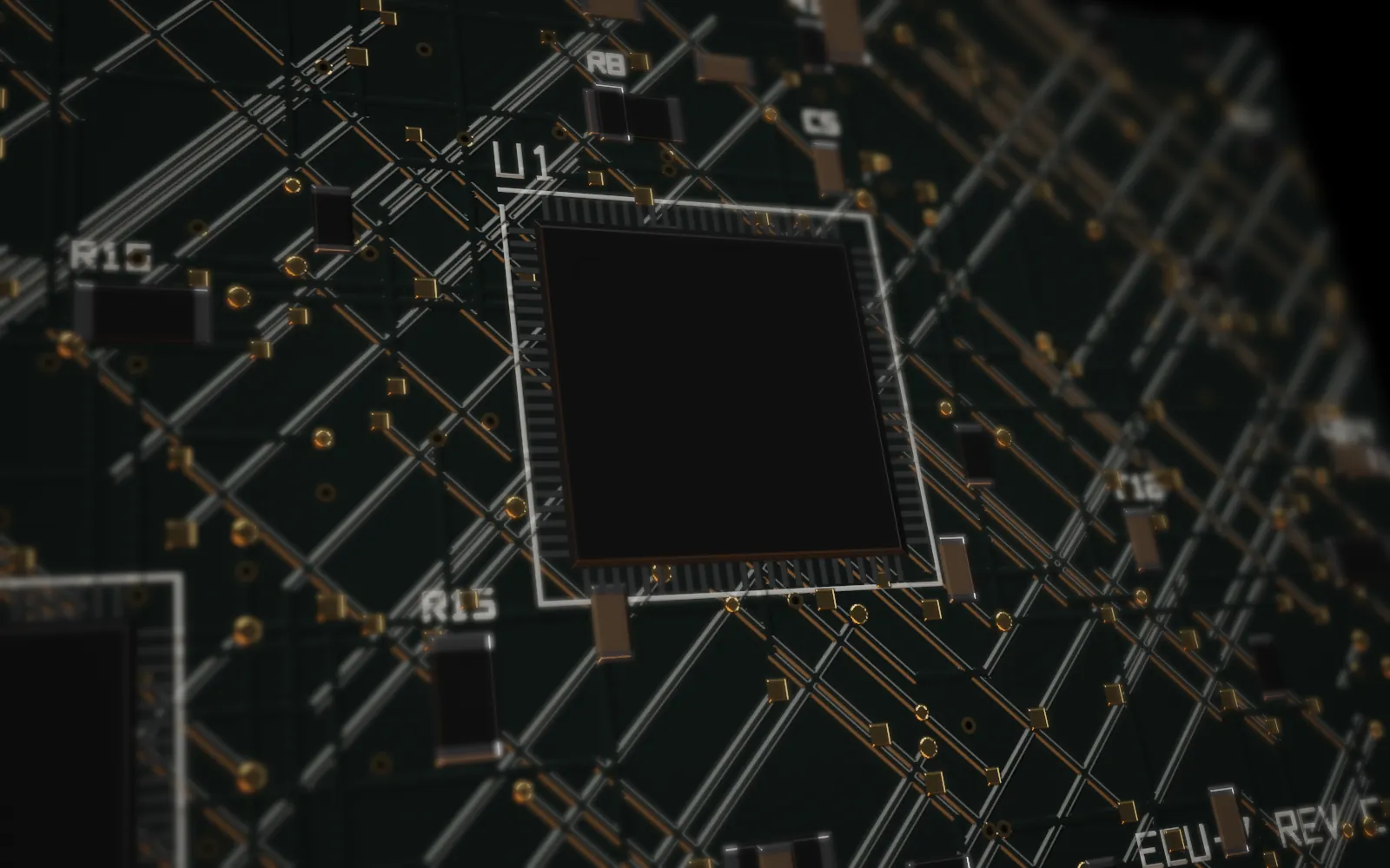 Macro of an engine control unit circuit board with gold traces