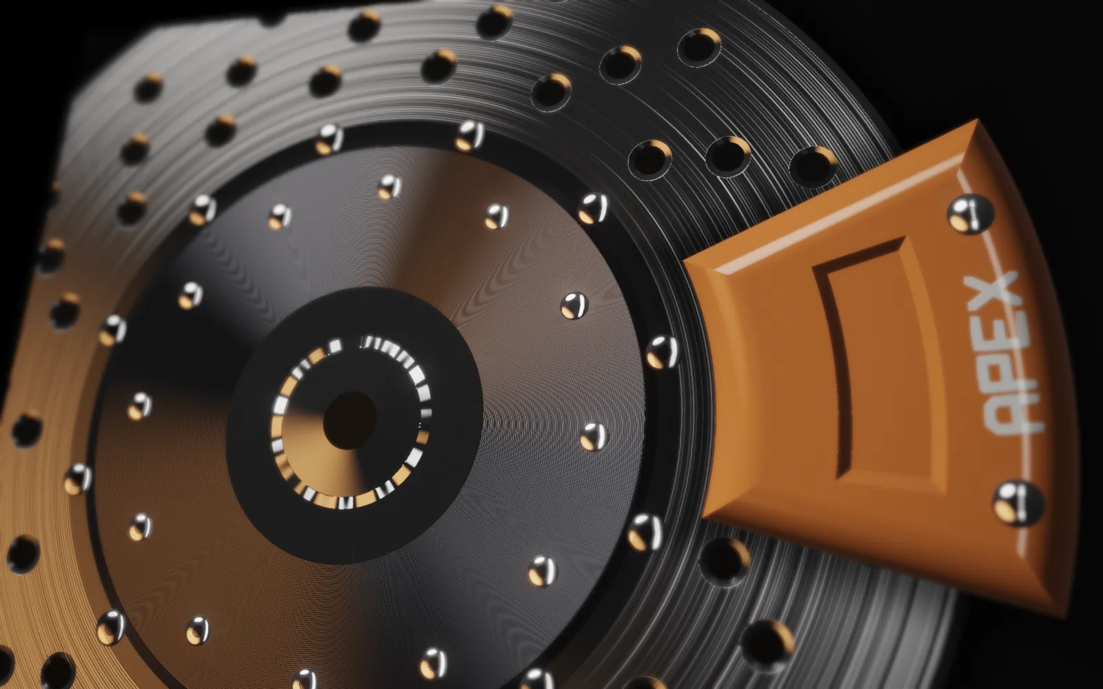 Two-piece drilled rotor behind a copper Apex caliper