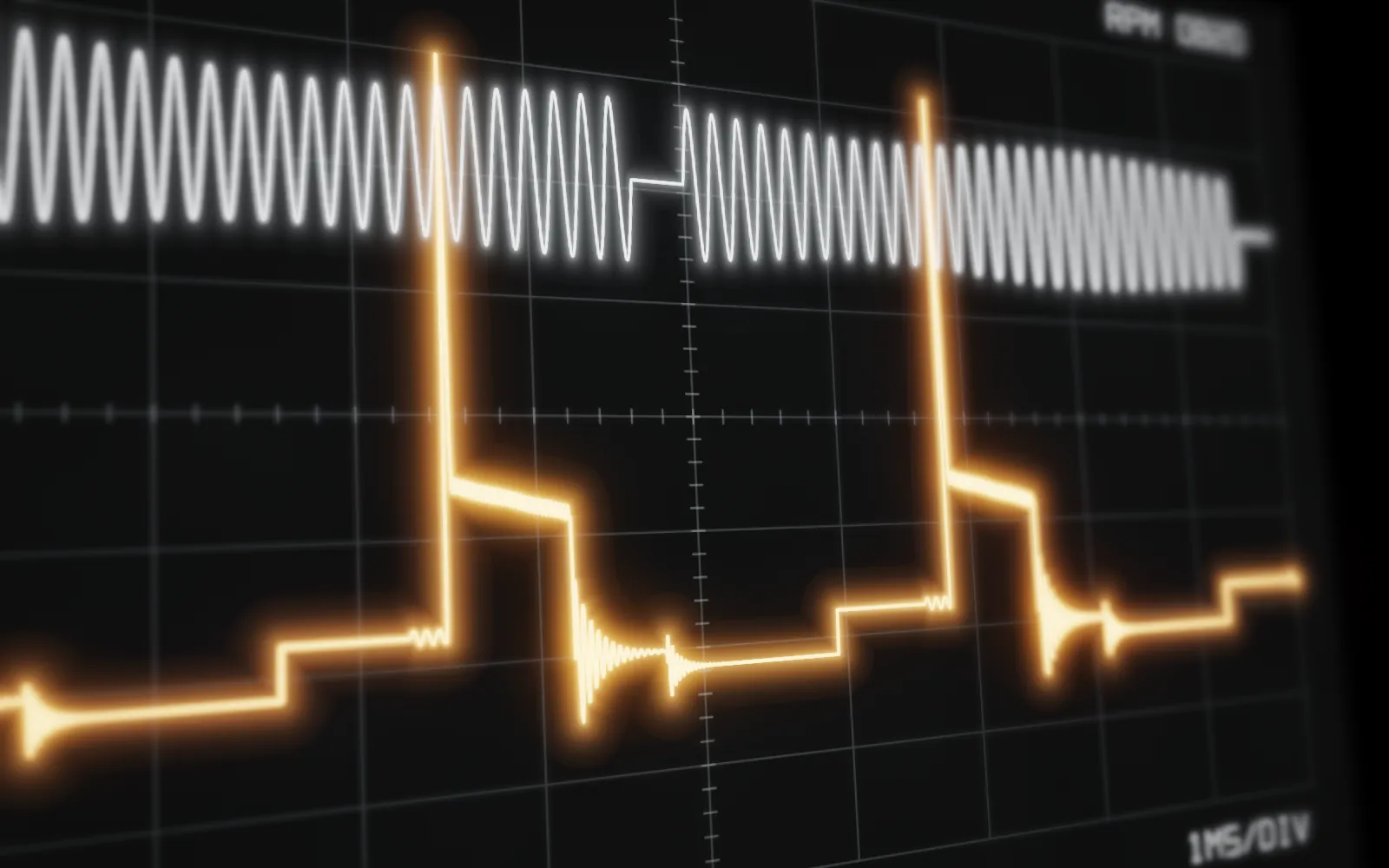 Oscilloscope capture of an ignition coil: an amber secondary waveform showing the firing line, spark duration and coil ringing, above a crank sensor signal